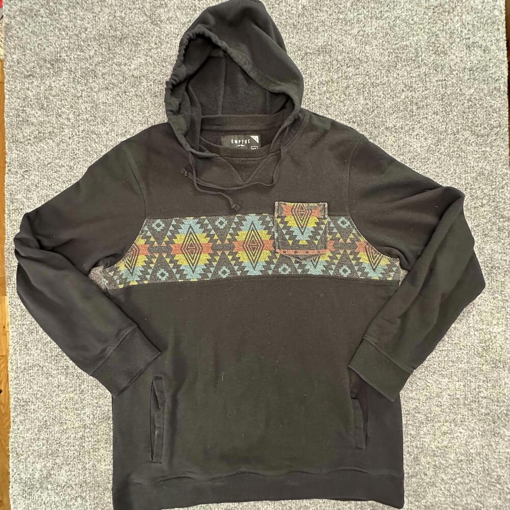 Empyre Mens XL Black Hoodie Aztec Geometric Pattern Pullover Sweatshirt 375
